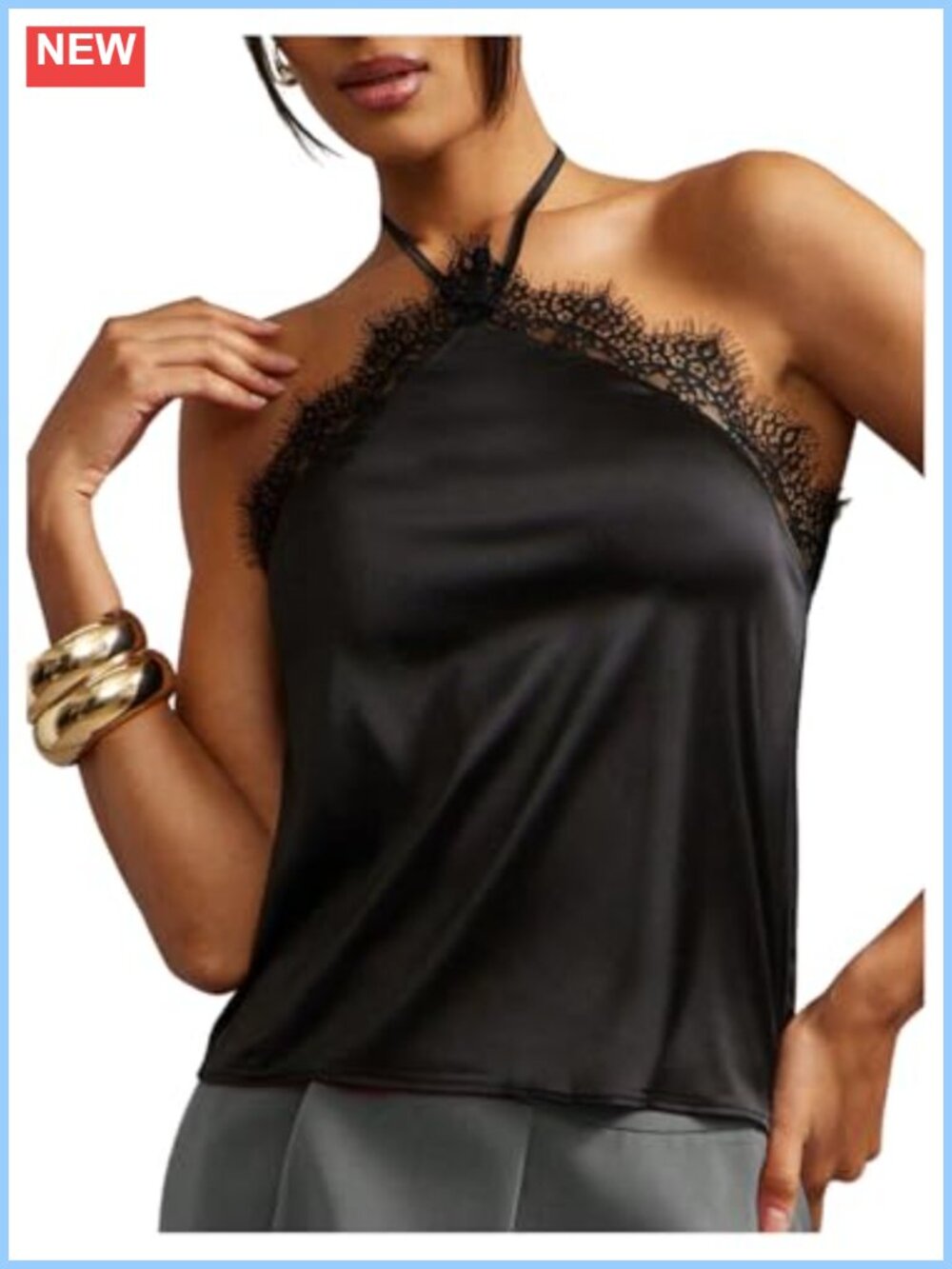 Satin Silk Lace Halter Top Sleeveless Tie Back Going Out Top